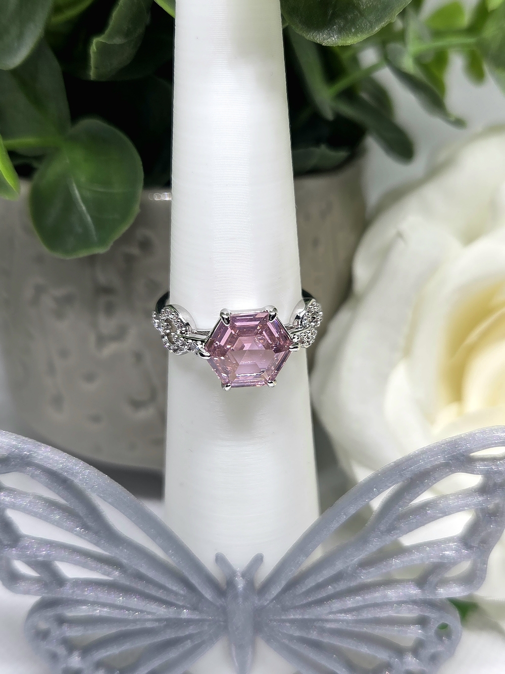 Elegant Pink Quartz Hexagon CZ On Rhodium Plating